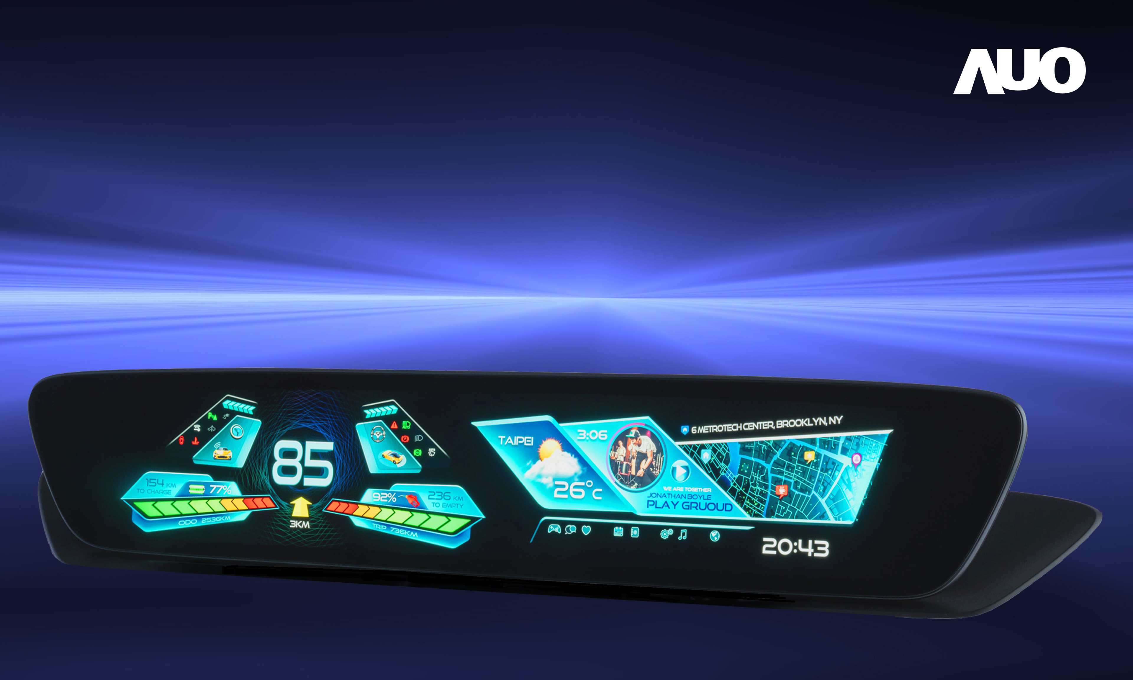 友達30.4吋異形曲面AmLED車載顯示系統，為一兼具儀表板及中控台人機介面的創新車載顯示系統，結合美學設計，提升車內科技沉浸感及使用體驗，讓車載顯示的未來應用更加多元化