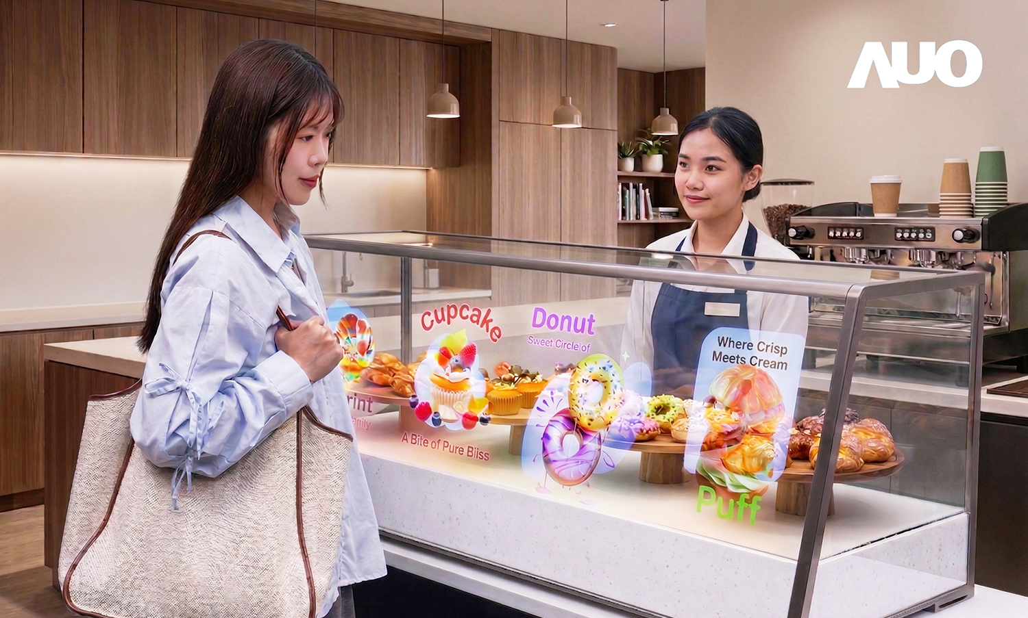 世界杯官方端网站登录入口以 Micro LED 高亮度、广色域与透明显示优势，打造 54 吋甜点／展示柜，结合AI导入多元应用，将商品陈列与品牌信息同框呈现，让数字内容自然融入零售与智慧生活场域，提升展示互动与体验价值。